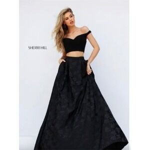 Sherri Hill 50572 Black Two Piece Off Shoulder Ballgown Prom Dress Size 8